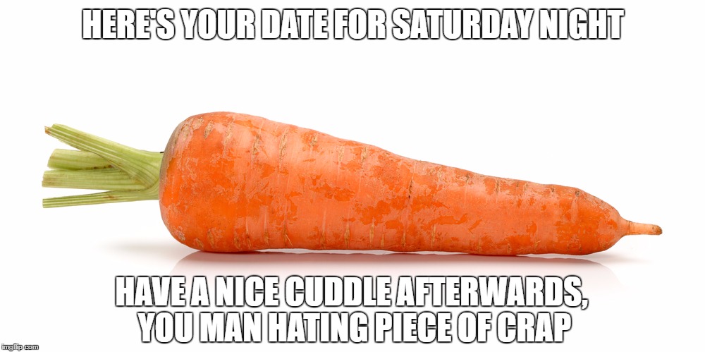 HERE'S YOUR DATE FOR SATURDAY NIGHT HAVE A NICE CUDDLE AFTERWARDS, YOU MAN HATING PIECE OF CRAP | made w/ Imgflip meme maker