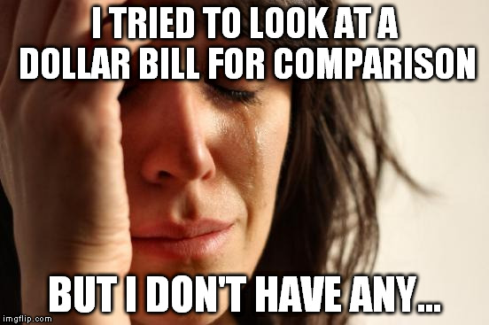 First World Problems Meme | I TRIED TO LOOK AT A DOLLAR BILL FOR COMPARISON BUT I DON'T HAVE ANY... | image tagged in memes,first world problems | made w/ Imgflip meme maker