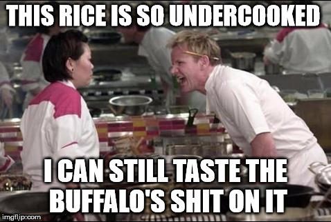 Cooking is tough  | THIS RICE IS SO UNDERCOOKED; I CAN STILL TASTE THE BUFFALO'S SHIT ON IT | image tagged in kitchen,memes | made w/ Imgflip meme maker
