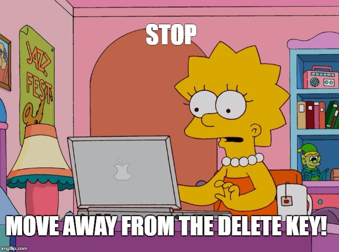 Lisa SImpson Laptop | STOP; MOVE AWAY FROM THE DELETE KEY! | image tagged in lisa simpson laptop | made w/ Imgflip meme maker
