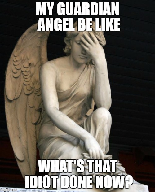 angel facepalm | MY GUARDIAN ANGEL BE LIKE; WHAT'S THAT IDIOT DONE NOW? | image tagged in angel facepalm | made w/ Imgflip meme maker