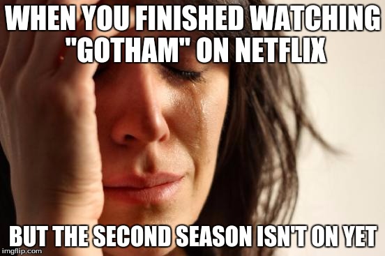 First World Problems Meme | WHEN YOU FINISHED WATCHING "GOTHAM" ON NETFLIX; BUT THE SECOND SEASON ISN'T ON YET | image tagged in memes,first world problems | made w/ Imgflip meme maker