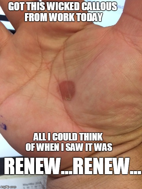 GOT THIS WICKED CALLOUS FROM WORK TODAY; ALL I COULD THINK OF WHEN I SAW IT WAS; RENEW...RENEW... | image tagged in why haven't they made a remake of logan's run yet | made w/ Imgflip meme maker
