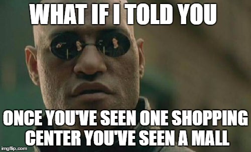 Matrix Morpheus Meme | WHAT IF I TOLD YOU; ONCE YOU'VE SEEN ONE SHOPPING CENTER YOU'VE SEEN A MALL | image tagged in memes,matrix morpheus | made w/ Imgflip meme maker