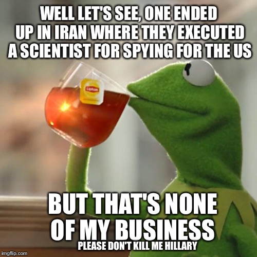 But That's None Of My Business Meme | WELL LET'S SEE, ONE ENDED UP IN IRAN WHERE THEY EXECUTED A SCIENTIST FOR SPYING FOR THE US BUT THAT'S NONE OF MY BUSINESS PLEASE DON'T KILL  | image tagged in memes,but thats none of my business,kermit the frog | made w/ Imgflip meme maker