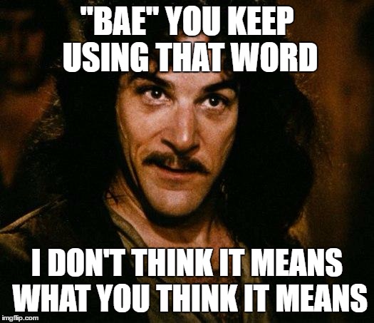 Inigo Montoya Meme | "BAE" YOU KEEP USING THAT WORD; I DON'T THINK IT MEANS WHAT YOU THINK IT MEANS | image tagged in memes,inigo montoya | made w/ Imgflip meme maker