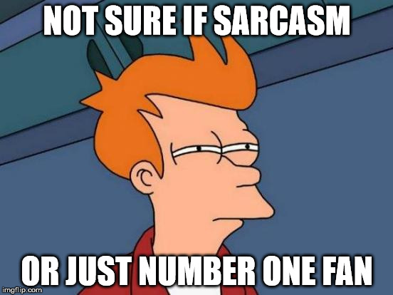 Futurama Fry Meme | NOT SURE IF SARCASM; OR JUST NUMBER ONE FAN | image tagged in memes,futurama fry | made w/ Imgflip meme maker