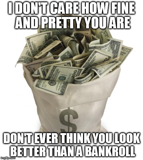 Bag of money | I DON'T CARE HOW FINE AND PRETTY YOU ARE; DON'T EVER THINK YOU LOOK BETTER THAN A BANKROLL | image tagged in bag of money | made w/ Imgflip meme maker