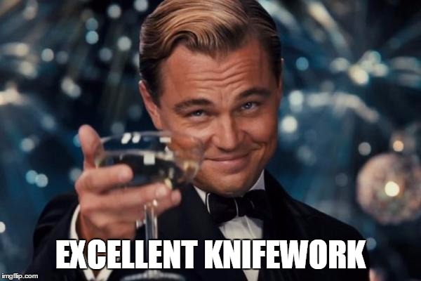 Leonardo Dicaprio Cheers Meme | EXCELLENT KNIFEWORK | image tagged in memes,leonardo dicaprio cheers | made w/ Imgflip meme maker