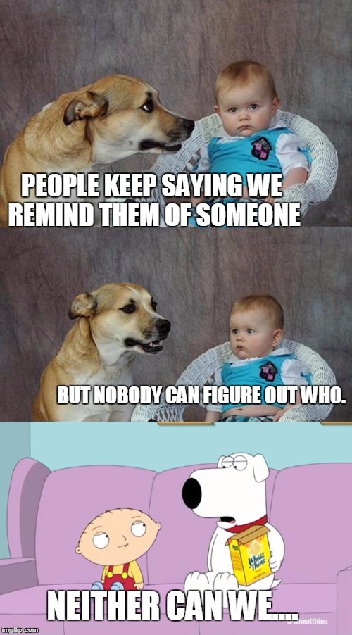 Dad Joke Dog Meme | PEOPLE KEEP SAYING WE REMIND THEM OF SOMEONE; BUT NOBODY CAN FIGURE OUT WHO. NEITHER CAN WE.... | image tagged in memes,dad joke dog | made w/ Imgflip meme maker