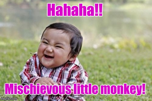 Evil Toddler Meme | Hahaha!! Mischievous little monkey! | image tagged in memes,evil toddler | made w/ Imgflip meme maker