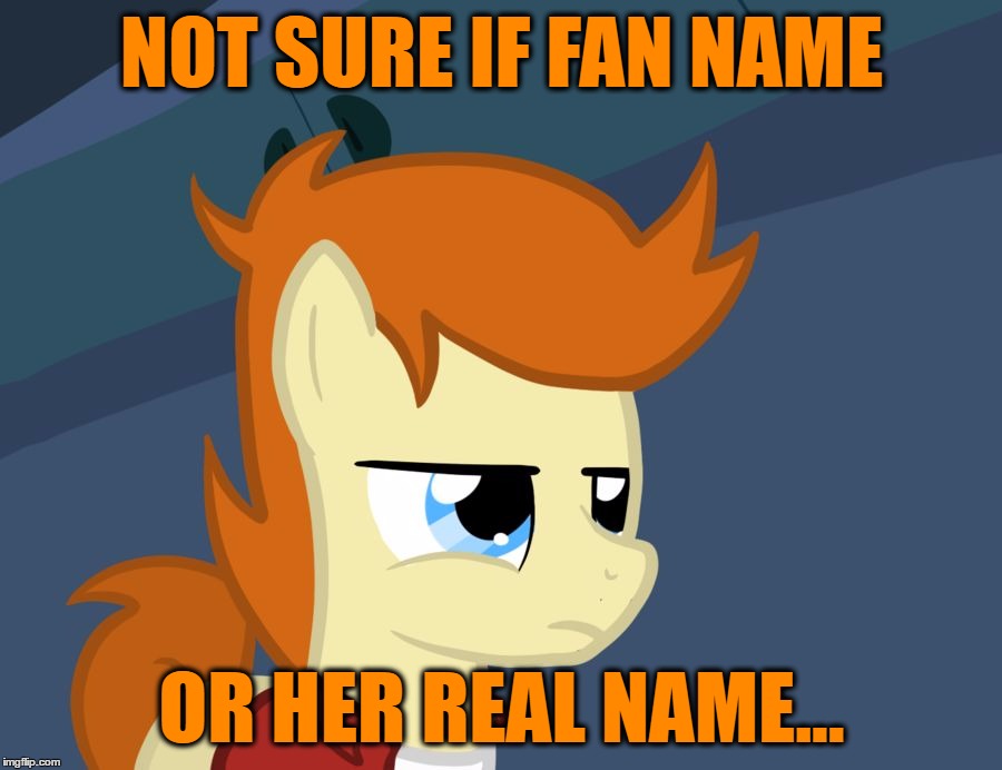 Futurama Fry Pony | NOT SURE IF FAN NAME OR HER REAL NAME... | image tagged in futurama fry pony | made w/ Imgflip meme maker