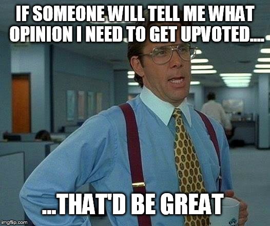 I'm jk, there's way too many opinions to pick just one. | IF SOMEONE WILL TELL ME WHAT OPINION I NEED TO GET UPVOTED.... ...THAT'D BE GREAT | image tagged in memes,that would be great,opinion,psa,upvotes | made w/ Imgflip meme maker
