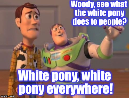 X, X Everywhere Meme | Woody, see what the white pony does to people? White pony, white pony everywhere! | image tagged in memes,x x everywhere | made w/ Imgflip meme maker