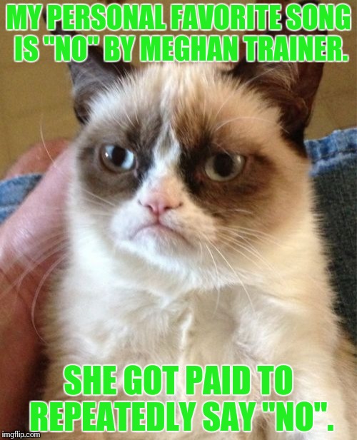 Grumpy Cat | MY PERSONAL FAVORITE SONG IS "NO" BY MEGHAN TRAINER. SHE GOT PAID TO REPEATEDLY SAY "NO". | image tagged in memes,grumpy cat | made w/ Imgflip meme maker