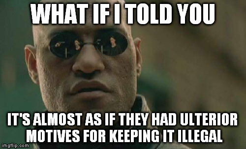 Matrix Morpheus Meme | WHAT IF I TOLD YOU IT'S ALMOST AS IF THEY HAD ULTERIOR MOTIVES FOR KEEPING IT ILLEGAL | image tagged in memes,matrix morpheus | made w/ Imgflip meme maker