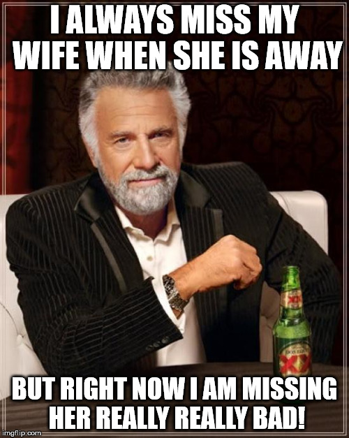 The Most Interesting Man In The World Meme | I ALWAYS MISS MY WIFE WHEN SHE IS AWAY; BUT RIGHT NOW I AM MISSING HER REALLY REALLY BAD! | image tagged in memes,the most interesting man in the world | made w/ Imgflip meme maker
