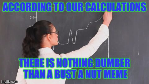 Seriously | ACCORDING TO OUR CALCULATIONS; THERE IS NOTHING DUMBER THAN A BUST A NUT MEME | image tagged in deez nutz | made w/ Imgflip meme maker