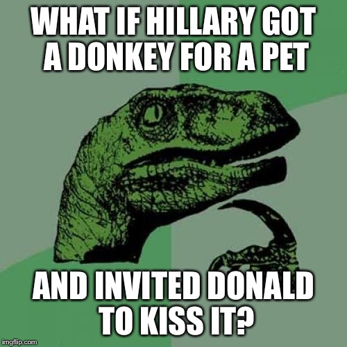 Philosoraptor | WHAT IF HILLARY GOT A DONKEY FOR A PET; AND INVITED DONALD TO KISS IT? | image tagged in memes,philosoraptor | made w/ Imgflip meme maker