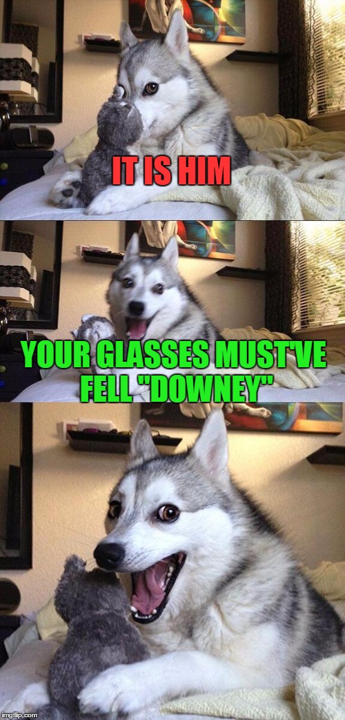 Bad Pun Dog Meme | IT IS HIM YOUR GLASSES MUST'VE FELL "DOWNEY" | image tagged in memes,bad pun dog | made w/ Imgflip meme maker