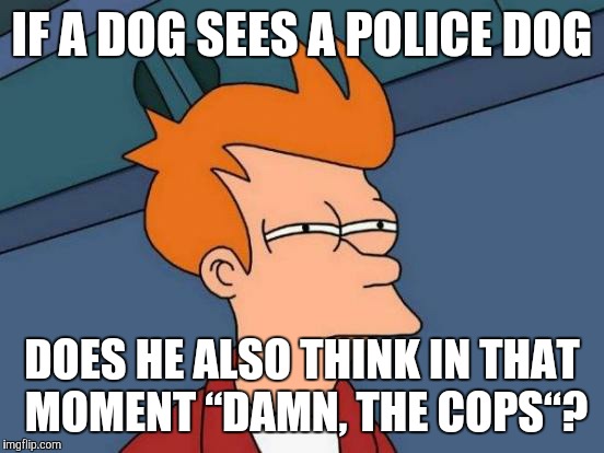 Futurama Fry | IF A DOG SEES A POLICE DOG; DOES HE ALSO THINK IN THAT MOMENT “DAMN, THE COPS“? | image tagged in memes,futurama fry | made w/ Imgflip meme maker