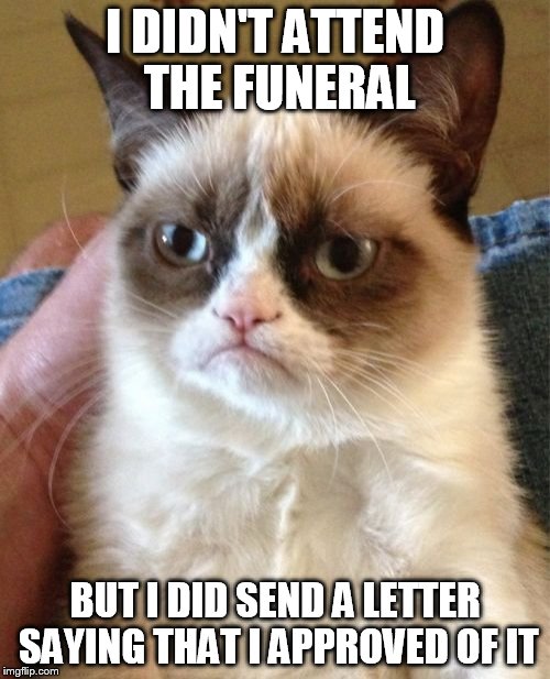 Really grumpy cat this morning | I DIDN'T ATTEND THE FUNERAL; BUT I DID SEND A LETTER SAYING THAT I APPROVED OF IT | image tagged in memes,grumpy cat | made w/ Imgflip meme maker