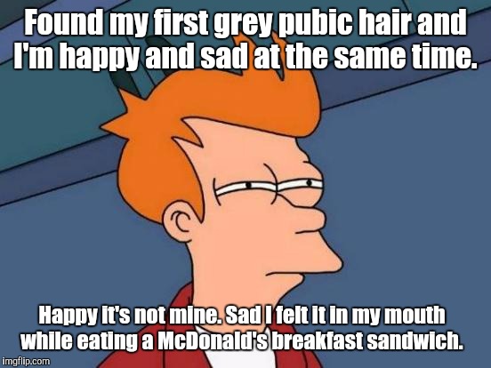Futurama Fry Meme | Found my first grey pubic hair and I'm happy and sad at the same time. Happy it's not mine. Sad I felt it in my mouth while eating a McDonald's breakfast sandwich. | image tagged in memes,futurama fry | made w/ Imgflip meme maker