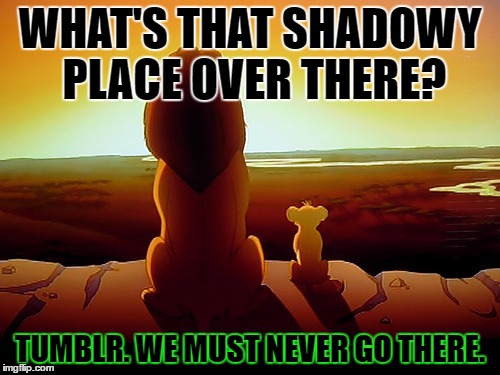 Lion King | WHAT'S THAT SHADOWY PLACE OVER THERE? TUMBLR. WE MUST NEVER GO THERE. | image tagged in memes,lion king,template quest,funny,tumblr | made w/ Imgflip meme maker