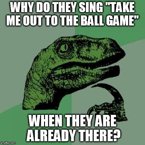 Philosoraptor Meme | WHY DO THEY SING "TAKE ME OUT TO THE BALL GAME"; WHEN THEY ARE ALREADY THERE? | image tagged in memes,philosoraptor | made w/ Imgflip meme maker