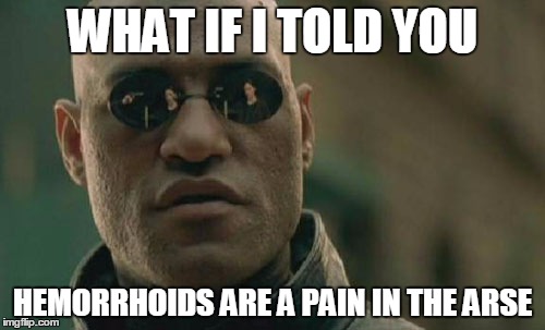 Matrix Morpheus Meme | WHAT IF I TOLD YOU; HEMORRHOIDS ARE A PAIN IN THE ARSE | image tagged in memes,matrix morpheus | made w/ Imgflip meme maker