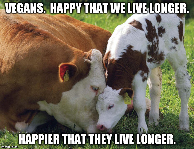 VEGANS.  HAPPY THAT WE LIVE LONGER. HAPPIER THAT THEY LIVE LONGER. | image tagged in vegan | made w/ Imgflip meme maker