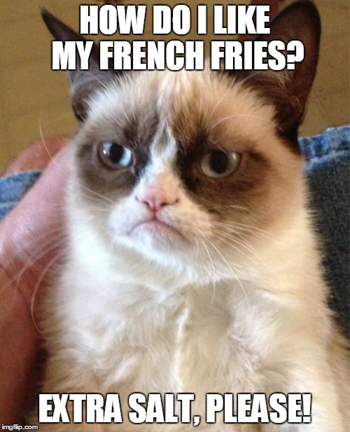 Grumpy Cat Meme | HOW DO I LIKE MY FRENCH FRIES? EXTRA SALT, PLEASE! | image tagged in memes,grumpy cat | made w/ Imgflip meme maker