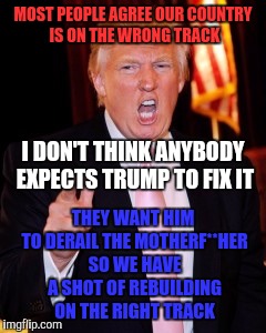 Donald Trump | MOST PEOPLE AGREE OUR COUNTRY IS ON THE WRONG TRACK; THEY WANT HIM TO DERAIL THE MOTHERF**HER SO WE HAVE A SHOT OF REBUILDING ON THE RIGHT TRACK; I DON'T THINK ANYBODY EXPECTS TRUMP TO FIX IT | image tagged in donald trump,memes | made w/ Imgflip meme maker