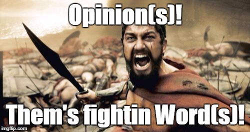 Everybody Has at Least One :) | Opinion(s)! Them's fightin Word(s)! | image tagged in memes,sparta leonidas,opinion,comments,posts,reposts | made w/ Imgflip meme maker
