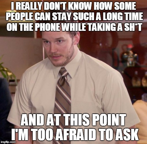 sit - sh*t - wipe - rise - flush - leave...so efficient | I REALLY DON'T KNOW HOW SOME PEOPLE CAN STAY SUCH A LONG TIME ON THE PHONE WHILE TAKING A SH*T; AND AT THIS POINT I'M TOO AFRAID TO ASK | image tagged in memes,afraid to ask andy | made w/ Imgflip meme maker