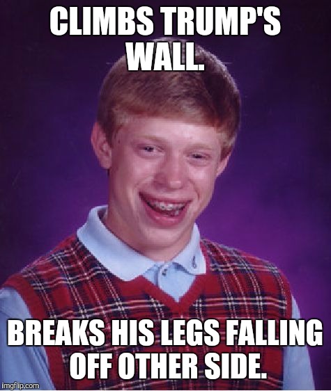Bad Luck Brian Meme | CLIMBS TRUMP'S WALL. BREAKS HIS LEGS FALLING OFF OTHER SIDE. | image tagged in memes,bad luck brian | made w/ Imgflip meme maker