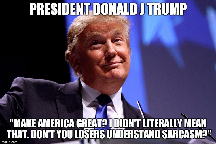 Donald Trump No2 | PRESIDENT DONALD J TRUMP; "MAKE AMERICA GREAT? I DIDN'T LITERALLY MEAN THAT. DON'T YOU LOSERS UNDERSTAND SARCASM?" | image tagged in donald trump no2 | made w/ Imgflip meme maker
