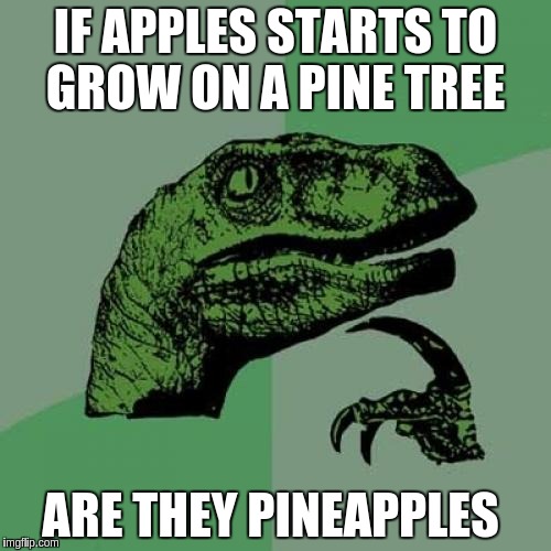 Philosoraptor Meme | IF APPLES STARTS TO GROW ON A PINE TREE; ARE THEY PINEAPPLES | image tagged in memes,philosoraptor | made w/ Imgflip meme maker