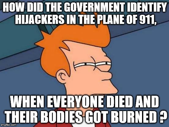 Futurama Fry Meme | HOW DID THE GOVERNMENT IDENTIFY HIJACKERS IN THE PLANE OF 911, WHEN EVERYONE DIED AND THEIR BODIES GOT BURNED ? | image tagged in memes,futurama fry | made w/ Imgflip meme maker