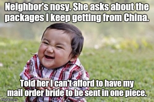 Evil Toddler Meme | Neighbor's nosy. She asks about the packages I keep getting from China. Told her I can't afford to have my mail order bride to be sent in one piece. | image tagged in memes,evil toddler | made w/ Imgflip meme maker