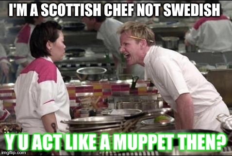 Angry Chef Gordon Ramsay Meme | I'M A SCOTTISH CHEF NOT SWEDISH; Y U ACT LIKE A MUPPET THEN? | image tagged in memes,angry chef gordon ramsay | made w/ Imgflip meme maker