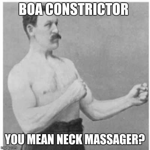 Boa Constrictor  | BOA CONSTRICTOR; YOU MEAN NECK MASSAGER? | image tagged in memes,overly manly man | made w/ Imgflip meme maker