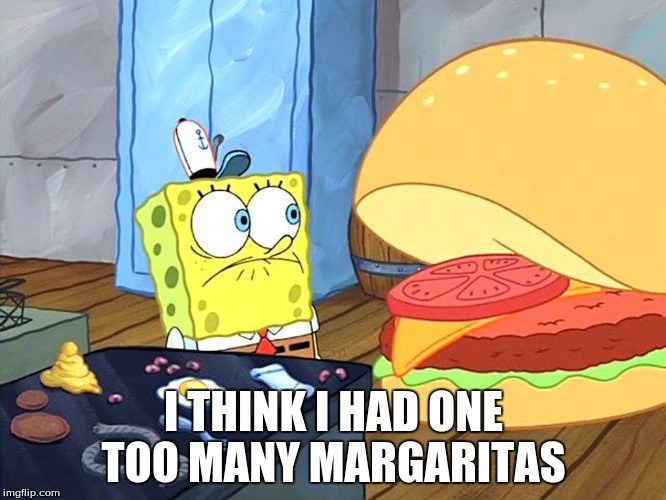 sponge bob talking to krabby patty | I THINK I HAD ONE TOO MANY MARGARITAS | image tagged in sponge bob talking to krabby patty | made w/ Imgflip meme maker