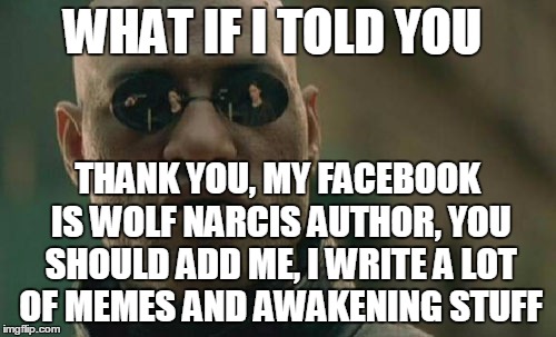 Matrix Morpheus Meme | WHAT IF I TOLD YOU THANK YOU, MY FACEBOOK IS WOLF NARCIS AUTHOR, YOU SHOULD ADD ME, I WRITE A LOT OF MEMES AND AWAKENING STUFF | image tagged in memes,matrix morpheus | made w/ Imgflip meme maker