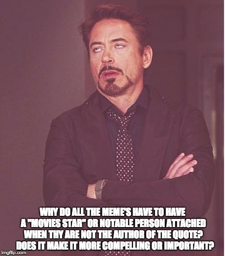 Face You Make Robert Downey Jr Meme | WHY DO ALL THE MEME'S HAVE TO HAVE A "MOVIES STAR" OR NOTABLE PERSON ATTACHED WHEN THY ARE NOT THE AUTHOR OF THE QUOTE? 

DOES IT MAKE IT MORE COMPELLING OR IMPORTANT? | image tagged in memes,face you make robert downey jr | made w/ Imgflip meme maker