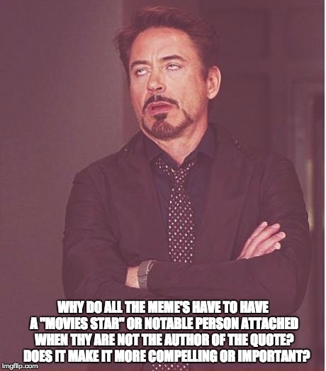 Face You Make Robert Downey Jr | WHY DO ALL THE MEME'S HAVE TO HAVE A "MOVIES STAR" OR NOTABLE PERSON ATTACHED WHEN THY ARE NOT THE AUTHOR OF THE QUOTE? 

DOES IT MAKE IT MORE COMPELLING OR IMPORTANT? | image tagged in memes,face you make robert downey jr | made w/ Imgflip meme maker