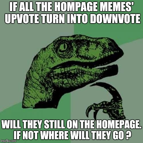 Philosoraptor | IF ALL THE HOMPAGE MEMES' UPVOTE TURN INTO DOWNVOTE; WILL THEY STILL ON THE HOMEPAGE. IF NOT WHERE WILL THEY GO ? | image tagged in memes,philosoraptor | made w/ Imgflip meme maker