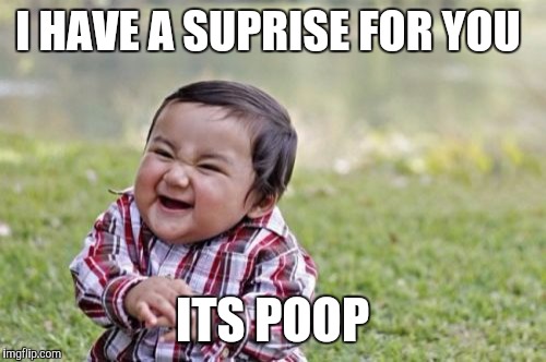 Evil Toddler | I HAVE A SUPRISE FOR YOU; ITS POOP | image tagged in memes,evil toddler | made w/ Imgflip meme maker