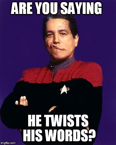 ARE YOU SAYING HE TWISTS HIS WORDS? | image tagged in chakotay twisting his words | made w/ Imgflip meme maker
