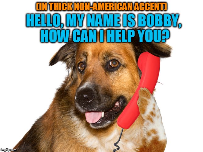 (IN THICK NON-AMERICAN ACCENT) HELLO, MY NAME IS BOBBY, HOW CAN I HELP YOU? | image tagged in dog on the phone | made w/ Imgflip meme maker